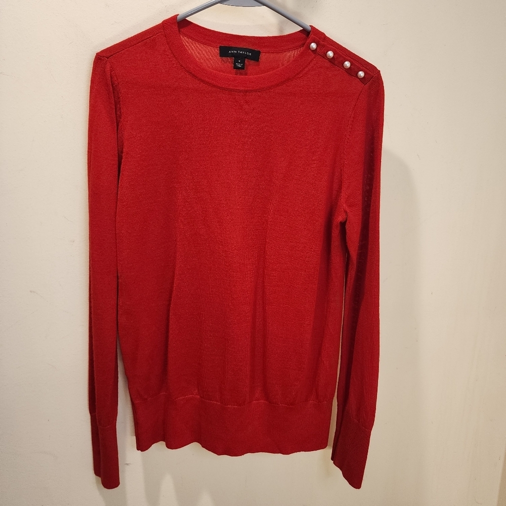 Ann Taylor Red Crew Neck Sweater with Shoulder Buttons